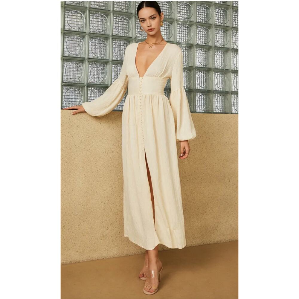 Commense Boho Lantern Beige Split Maxi Dress Plunge Button-Front X-Small XS NEW